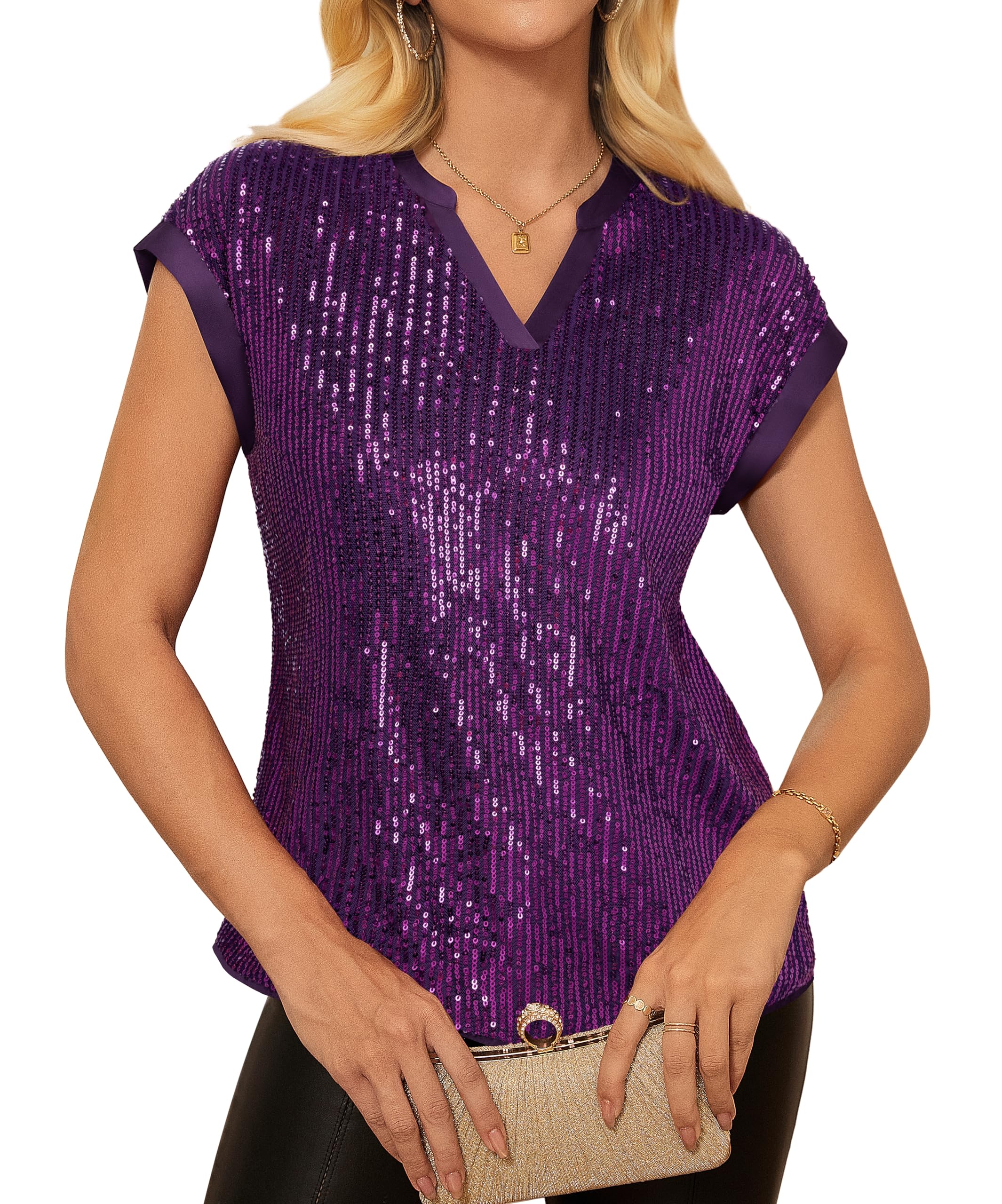 GRACE KARIN Women's Sequin Sparkly Tops Cap Sleeve Dressy Blouses Glitter Party 