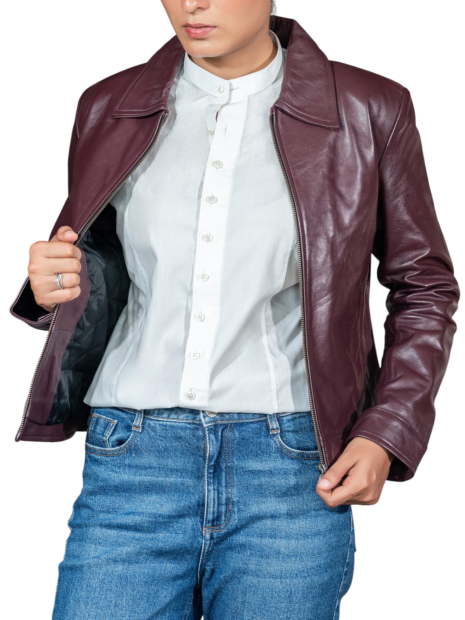 Jild Polo Collar Womens Leather Jacket - Old School Classic Everyday Wear Premiu