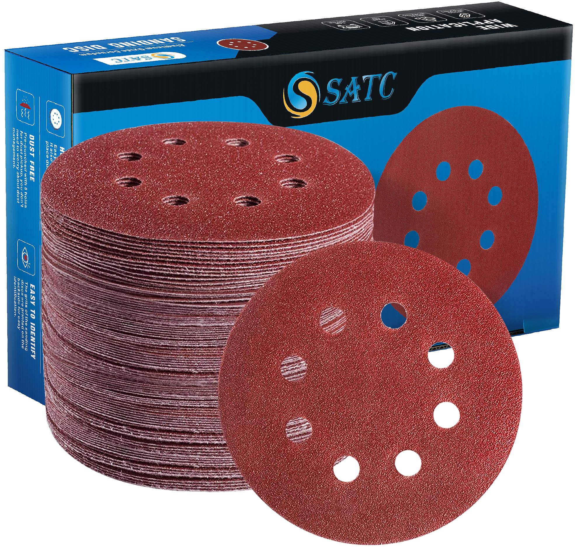 S SATC 72 PCS 5 Inch 8 Hole Hook and Loop Adhesive Sanding Discs Sandpaper for R