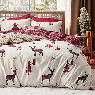 Bedsure Christmas Duvet Cover Queen, Reversible Plaid Bedding Set, Reindeer | Soft Microfiber, 3 Pcs Holiday Bedding, Zippered, Easy Install, Giftable, Festive Comforter Cover, OEKO-TEX Certified