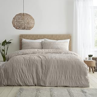 Catherine Lansfield Bedding Seersucker Duvet Cover and Pillowcase Set King Size Natural