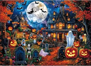 Pixmend 1000 Piece Halloween Night Puzzle, Spooky Jigsaw Puzzle for Adults | Holiday Party Puzzles, Haunted Village Scene with Pumpkins, Ghosts & Full Moon