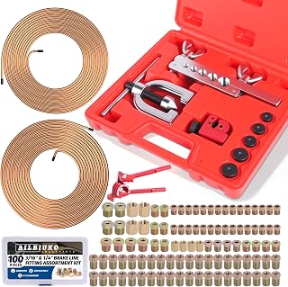 Ailbiuko 3/16" 1/4" Brake Line Repair Kit with 100Pcs Fittings &amp; Tubing | Double &amp; Single Brake Line Flaring Tool Kit + 2 Set 25ft 3/16 &amp; 1/4 Inch Brake Line with Fittings(8 Unions Included) + Bender