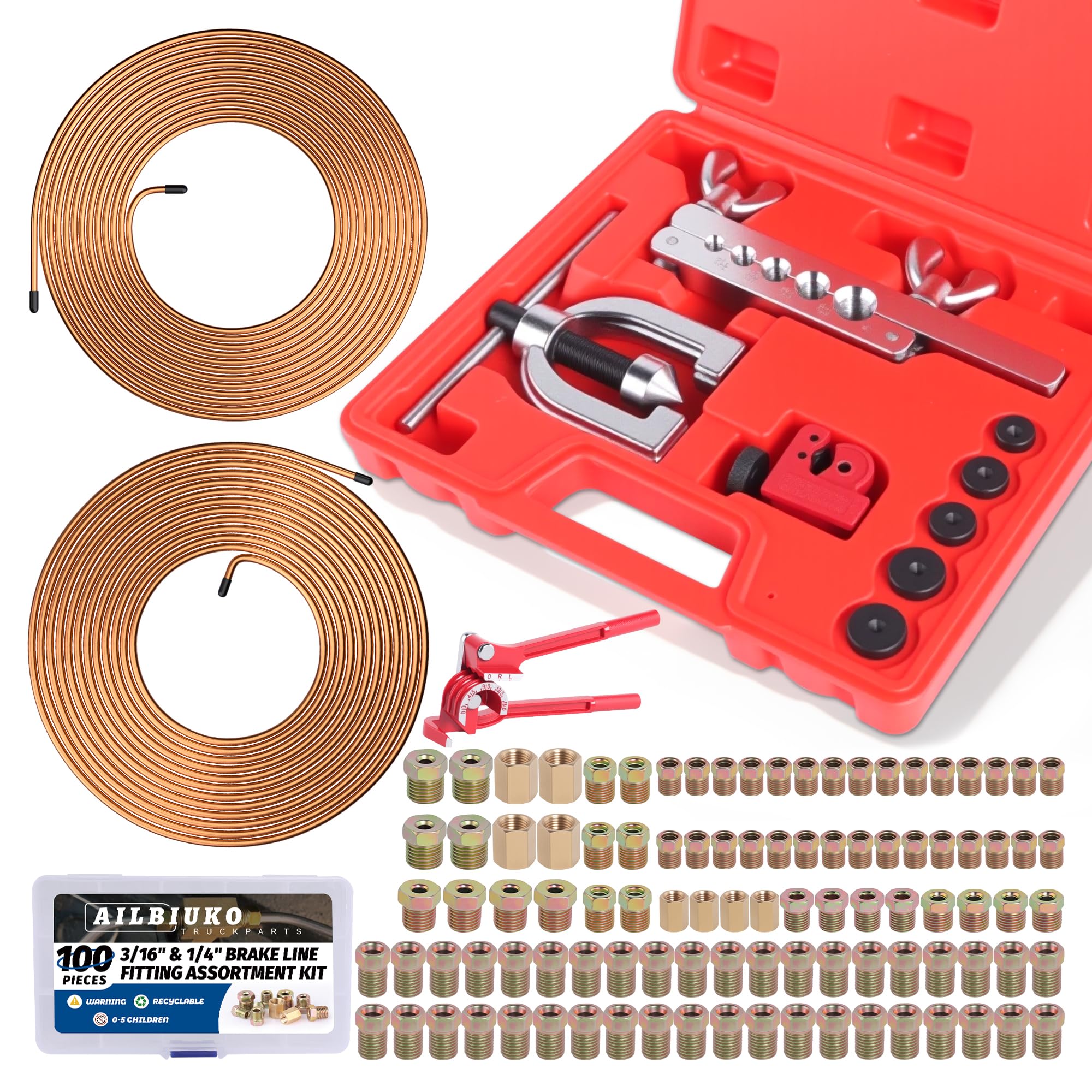 Ailbiuko 3/16" 1/4" Brake Line Repair Kit with 100Pcs Fittings &amp; T
