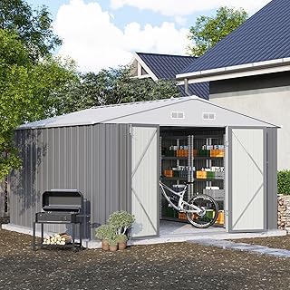 Patiowell 10x10 FT Metal Storage Shed, Grey | Steel Yard Shed, Lockable Doors Design, Utility and Tool Storage Sheds For Garden Backyard Patio Outside Use