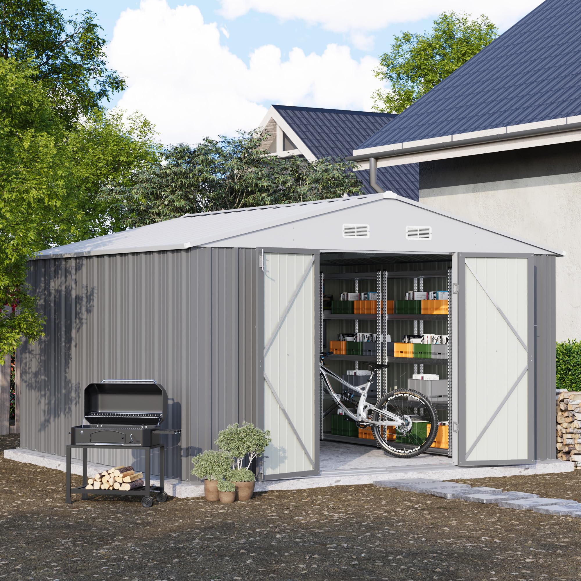 Patiowell 10x10 FT Metal Storage Shed, Grey | Steel Yard Shed, Lockable Doors De