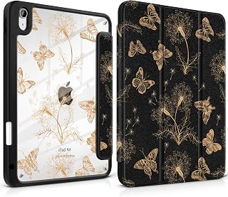 MEEgoodo iPad Air 5th/4th Generation Case 10.9 Inch 2022 2020 Clear Back Cover Shockproof TPU Frame Kids Shell with Tri-Fold Kickstand + Pencil Holder + Pen Holder +