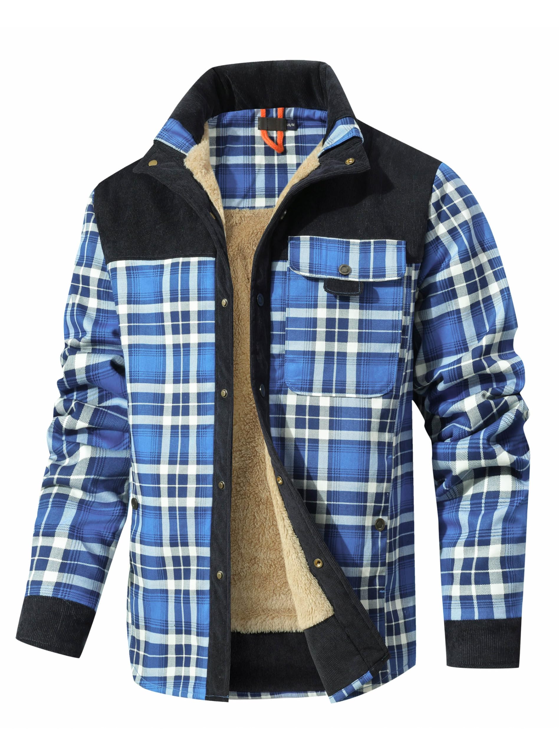 Men's Corduroy Plaid Sherpa Lined Flannel Shirt Jacket Fleece Coat
