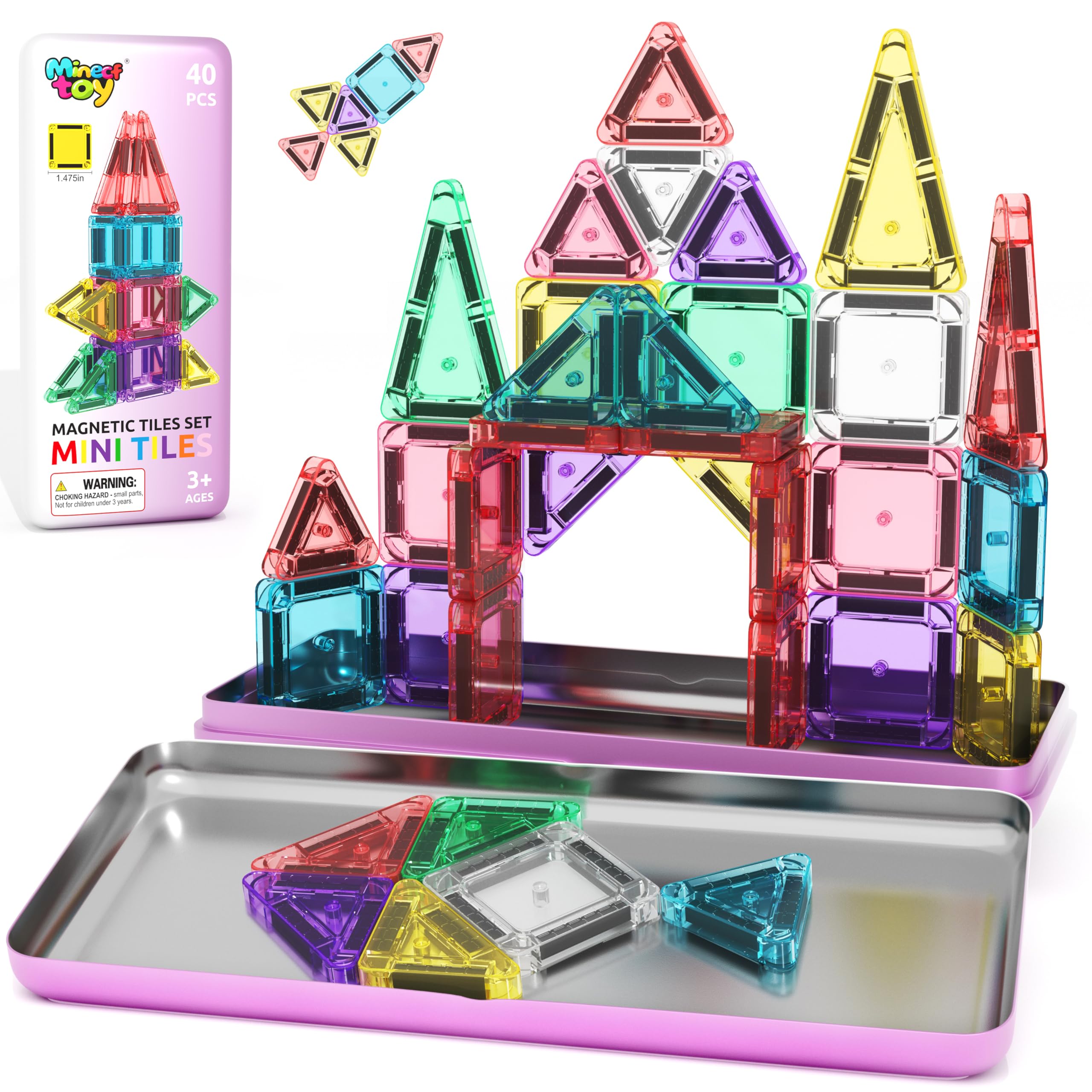 Minecftoy 40PCS Magnetic Tiles Mini Travel Essentials Toys with Case Set, Presch