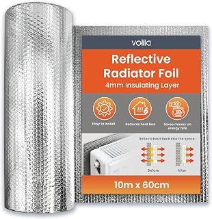Radiator Foil Insulation Roll 10m x 60cm - 1 Pack Radiator Reflector Panels for Enhance Heat Efficiency - Energy Saving Radiator Heat Deflector for Home Heating with Adhesive Pads Included
