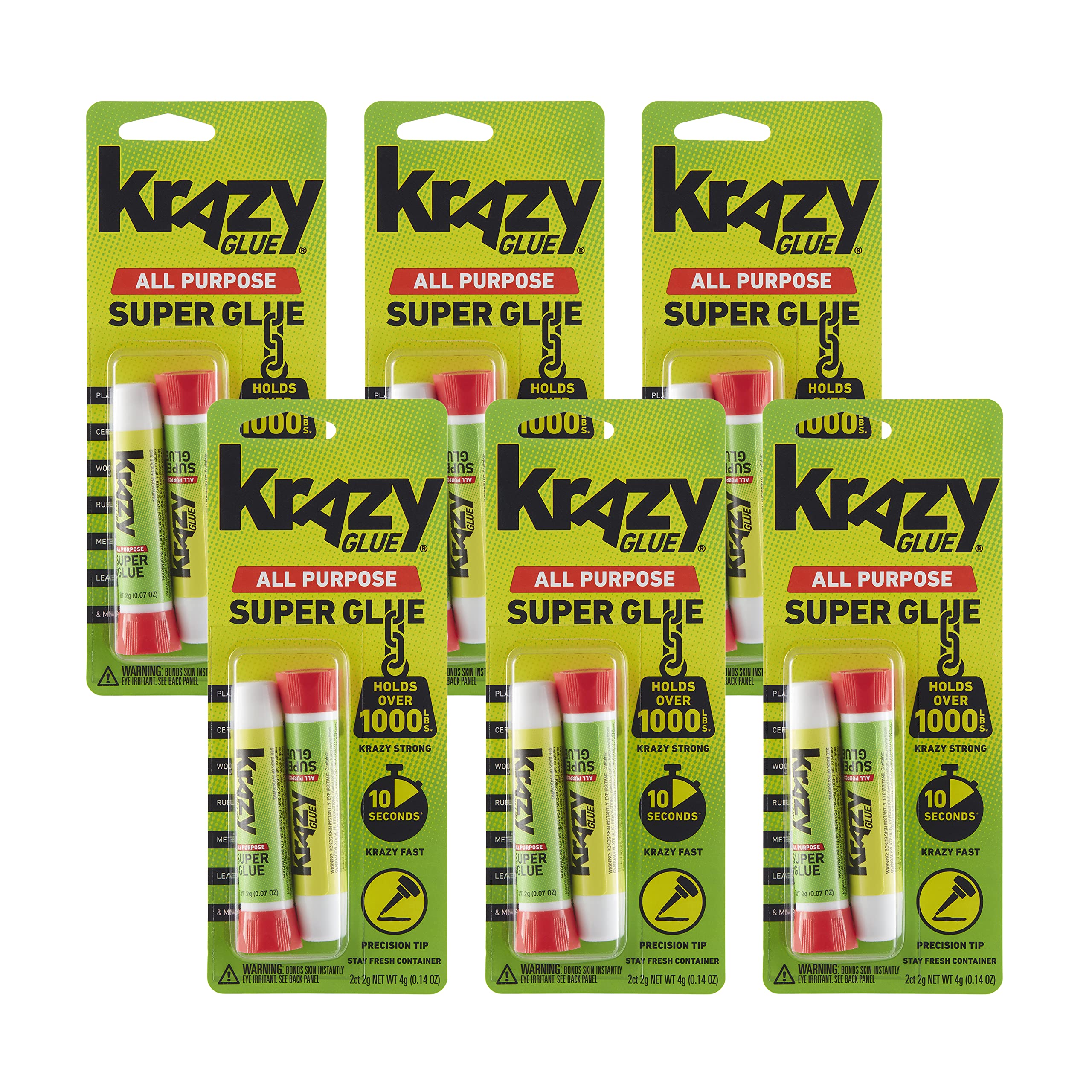Krazy Glue All Purpose Instant Superglue, 2 g, (6 x 2 Packs) | Extra Strong Bond