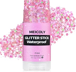 MEICOLY Pink Face Glitter Stick, Sparkly Hair Glitter Accessories for Spirit Week, Singer Concerts Lover Heart Body Glitter Makeup, Halloween Pink Out Glitter Face Paint Waterproof