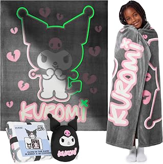 Get Trend Kuromi Glow in the Dark Blanket & Pillow Set for Girls, 51x59 in | Sanrio Soft Fleece Throw Blanket & 3D Cute Cushion Set, Plush Bedding Room Decor for Sofa, Couch, Cozy Kawaii Gifts for Girls