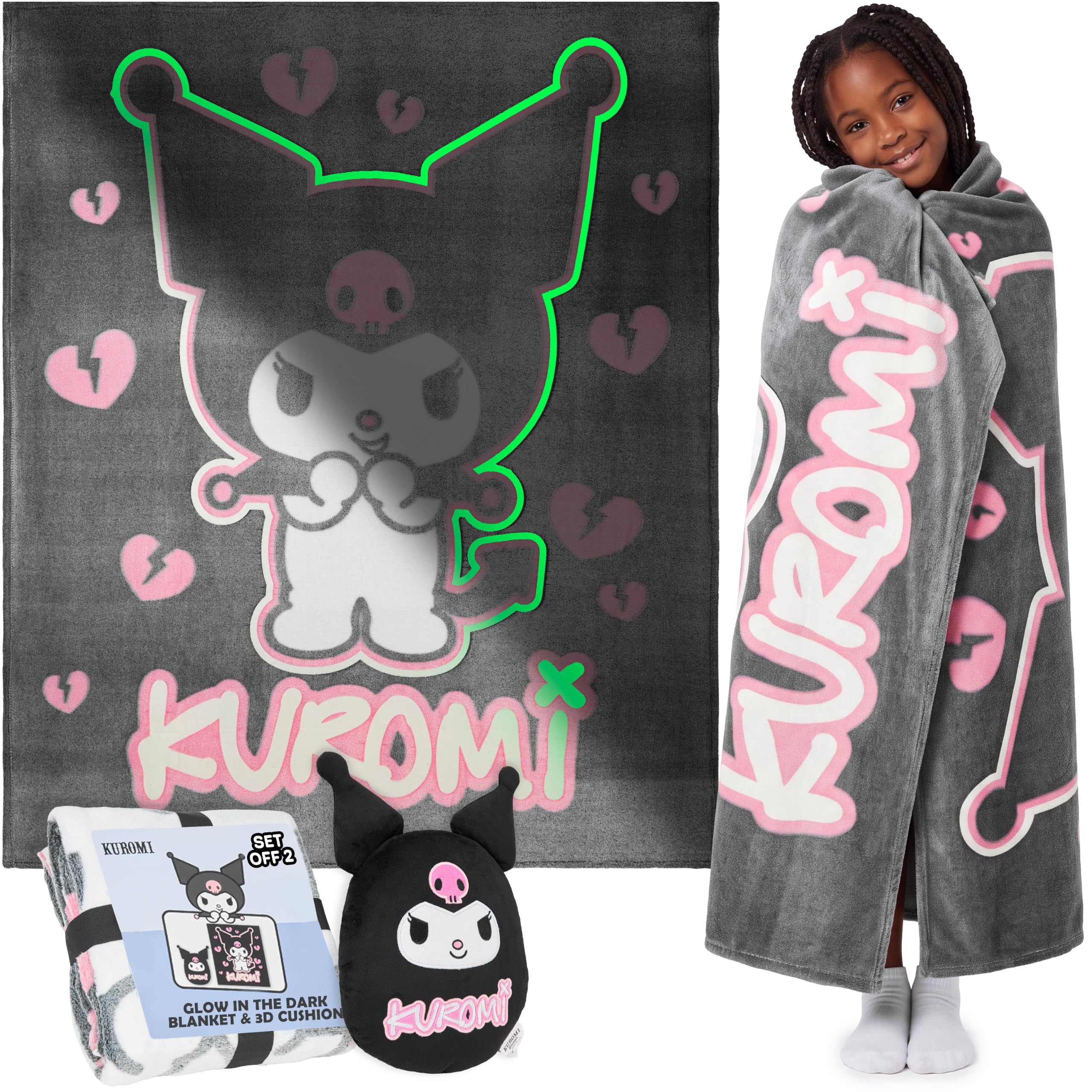 Get Trend Kuromi Glow in the Dark Blanket & Pillow Set for Girls, 51x59 in | San