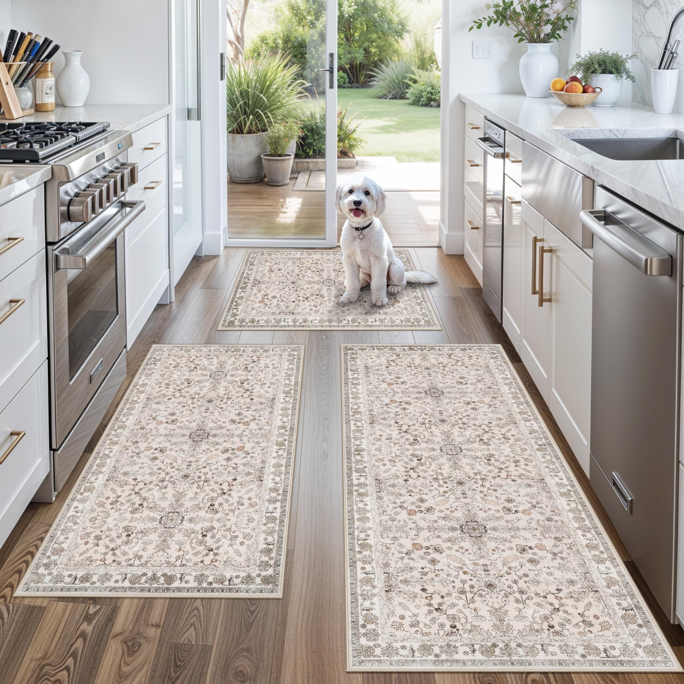 3-Piece Kitchen Rug Set of 3 with Runner – Non Slip Washable Boho Kitchen Mats f