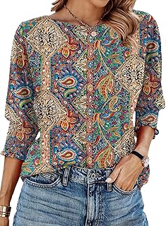 IECCP 3/4 Length Sleeve Womens Tops Summer 2026 Fashion Trendy Boat Crew Neck Smocked Work Dressy Casual T Shirt Blouses