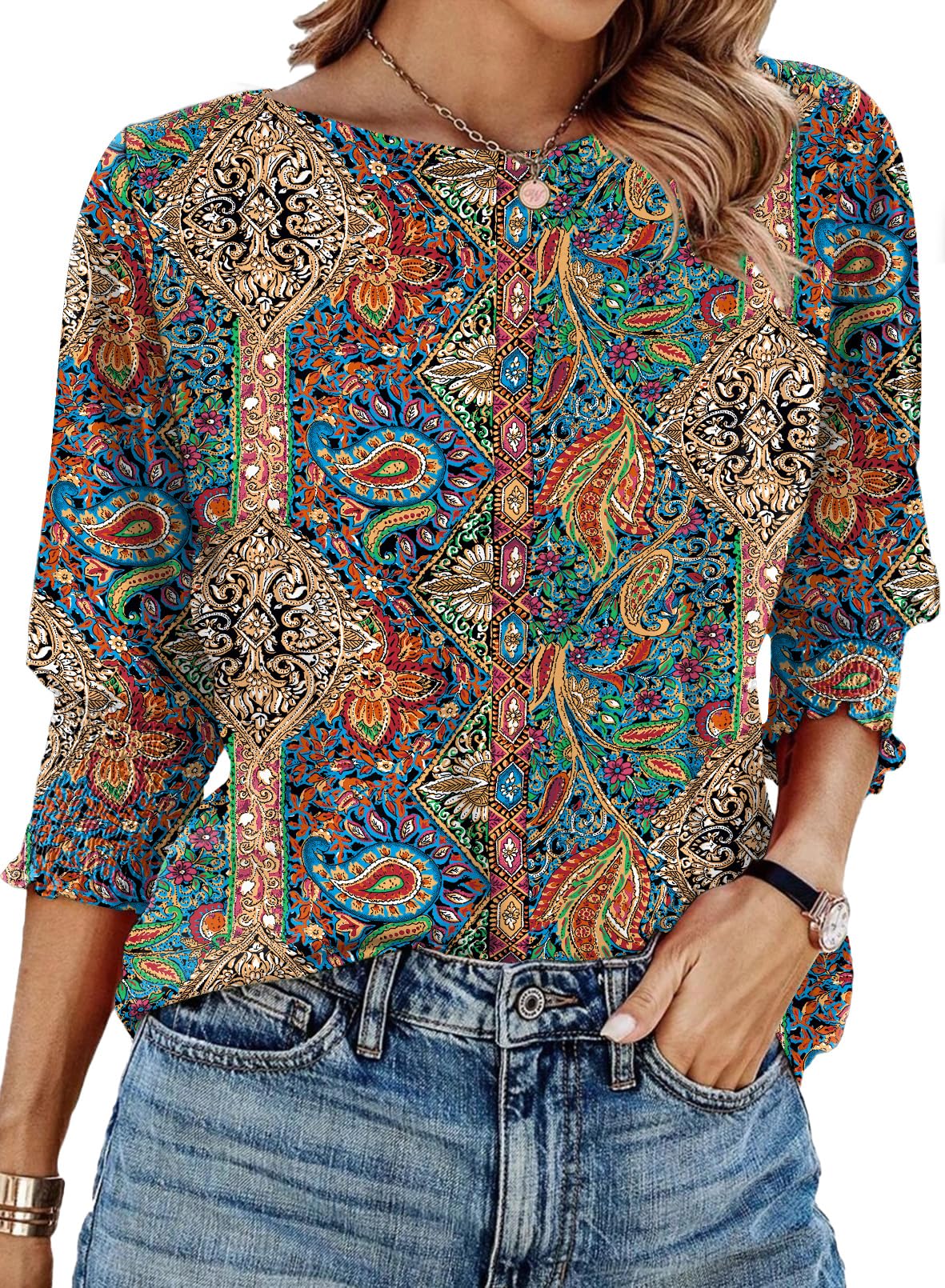 IECCP 3/4 Length Sleeve Womens Tops Summer 2026 Fashion Trendy Boat Crew Neck Sm
