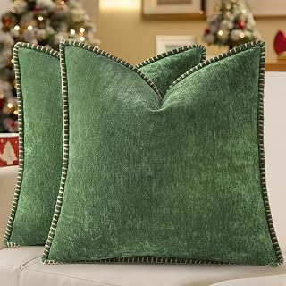 decorUhome Soft Chenille Throw Pillow Covers 18x18 Set of 2 Forest Green | Christmas Textured Decorative Throw Pillow Cases Stitched Edge Modern Farmhouse Luxury Boho Velvet for Couch Sofa Bed Home