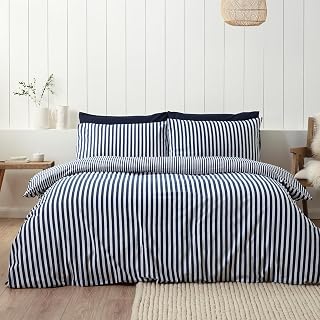 Catherine Lansfield Brushed Cotton Stripe Reversible Single Duvet Cover Set With Pillow Case Navy Blue