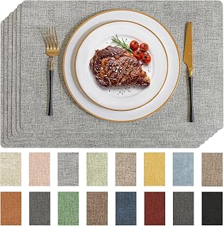 Romanstile Faux Leather Vinyl Placemats Set of 6, Light Grey | 100% Waterproof Wipeable Anti Slip Place Mats, Heat Resistant Reversible PU Table Mats for Kitchen Dining Indoor & Outdoor