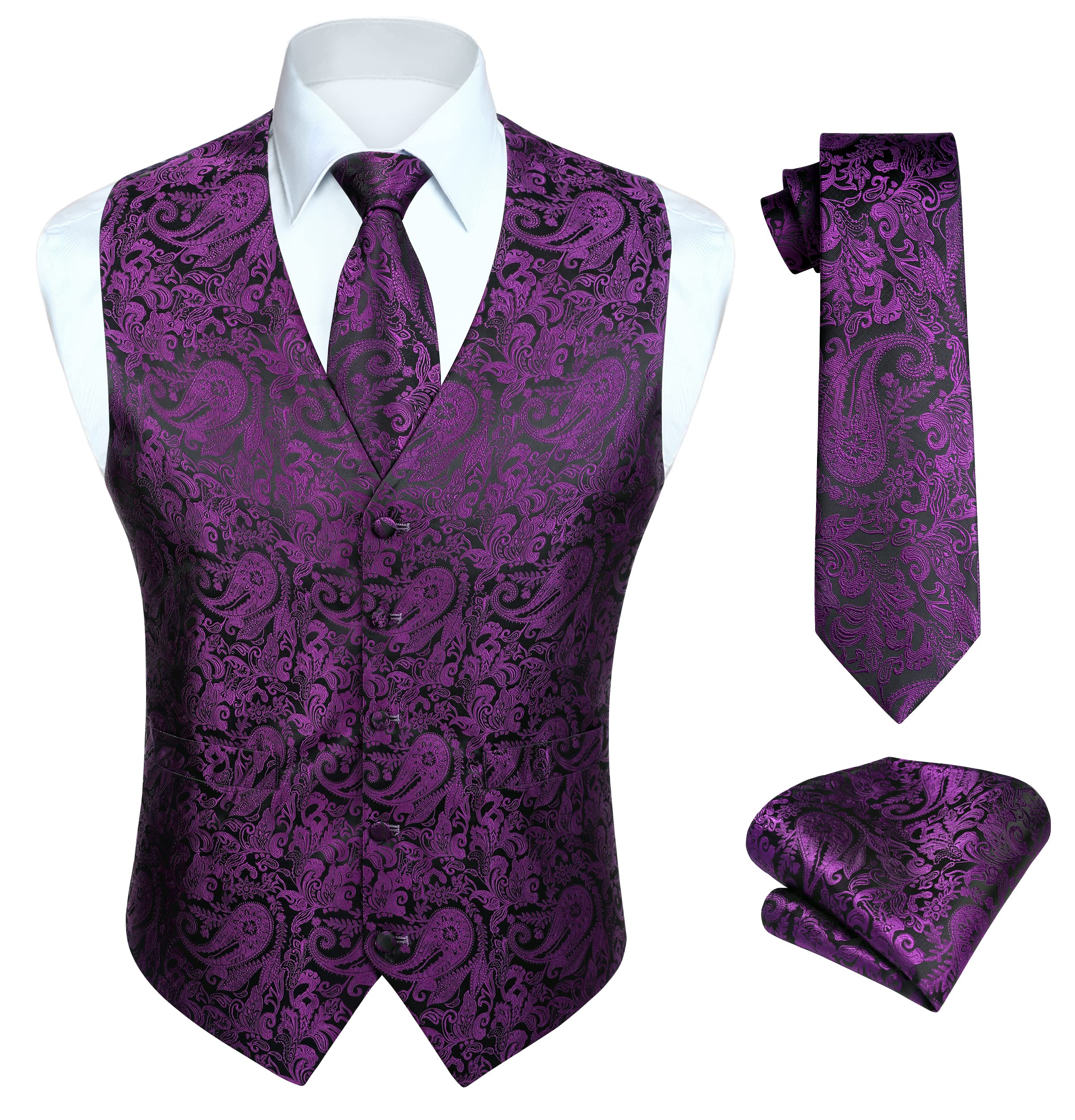 HISDERN Men's Classic Paisley Floral Jacquard Vest and Tie and Pocket