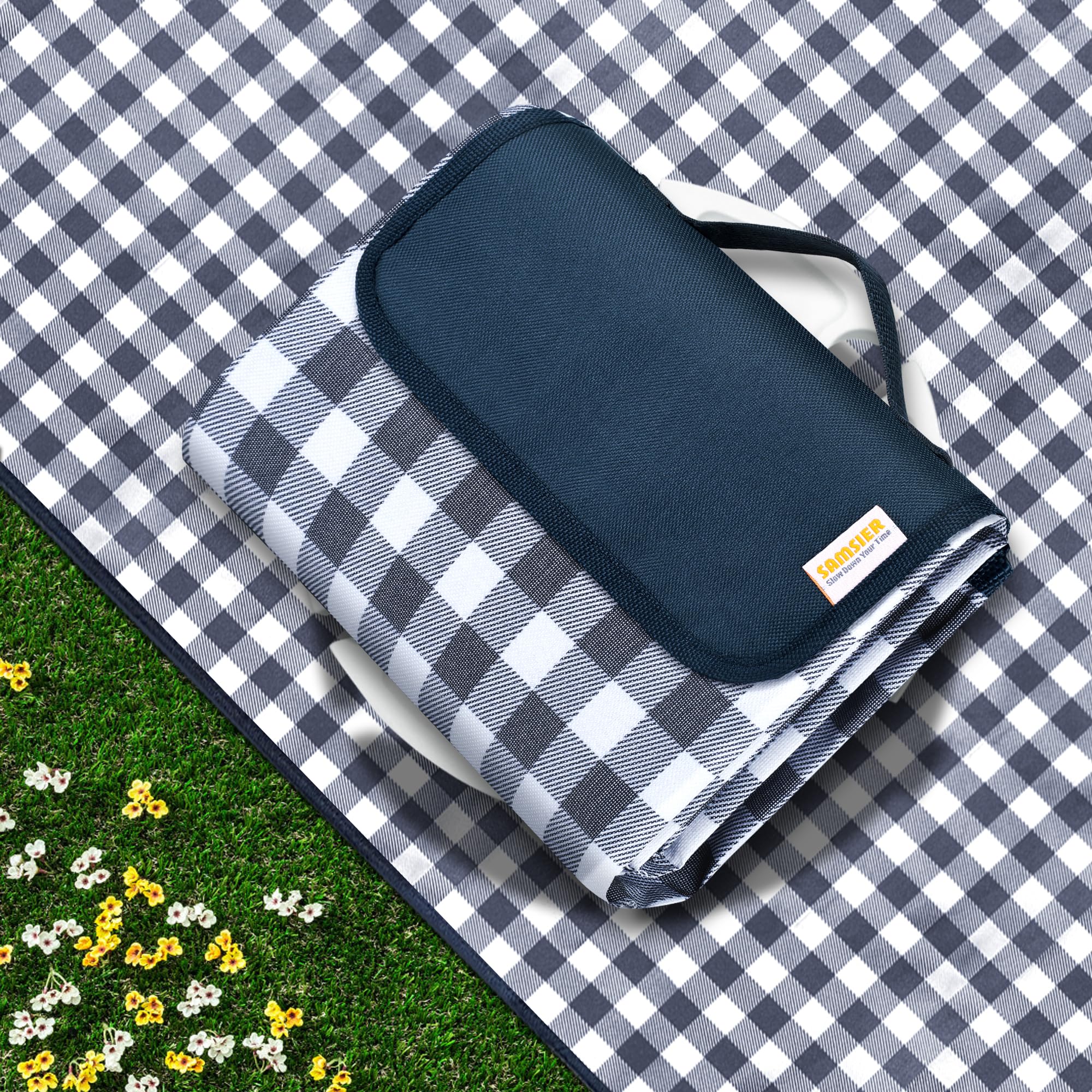 SAMSIER Outdoor Picnic Blankets Waterproof Foldable Sandproof, Large Gingham Cut