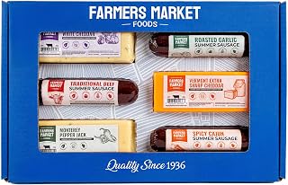 Farmers Market Classic Charcuterie Gift Box with Summer Sausages & Cheese | Roasted Garlic, Cajun, Traditional Smoked Beef Sausage with Extra Sharp & Garlic Herb White Cheddar, and Monterey Pepper Jack