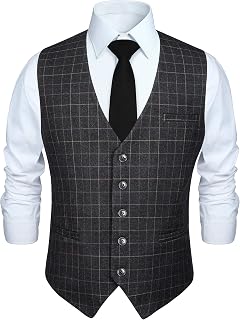 HISDERN Men's Formal Wedding Party Vest Cotton Plaid Dress