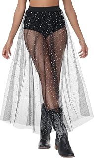 Rave Outfits for Women 2-in-1 Gothic Sheer Skirt, Sexy High Waist Flare Clubwear, Festival Foil A Line Lace Maxi Skirt
