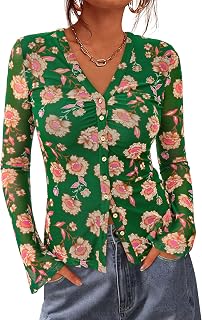 BTFBM Button Down Shirts for Women 2025 Casual V Neck Long Sleeve Autumn Top Lightweight Pleated Slim Fit Floral Top
