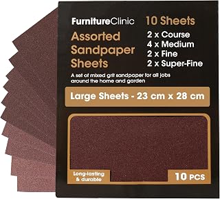 Furniture Clinic Assorted Sandpaper | 10 Large Sheets For Walls, Metal, Wood & Furniture for Hand, Sanding Block or Sander Use | Coarse, Medium, Fine Sand Paper Pack (P40, P80, P120, P240)