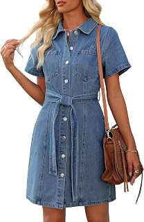Womens Denim Dress Jean Dress Western Country Outfits with Pocket