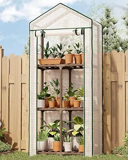 Bamworld 3-Tier Wooden Greenhouse 54" Tall Portable Green House | Roll-Up Zipper Door & 75% Clear PE Cover Indoor Outdoor for Seed Starting Herbs & Winter Protection 23x17x54 Brown