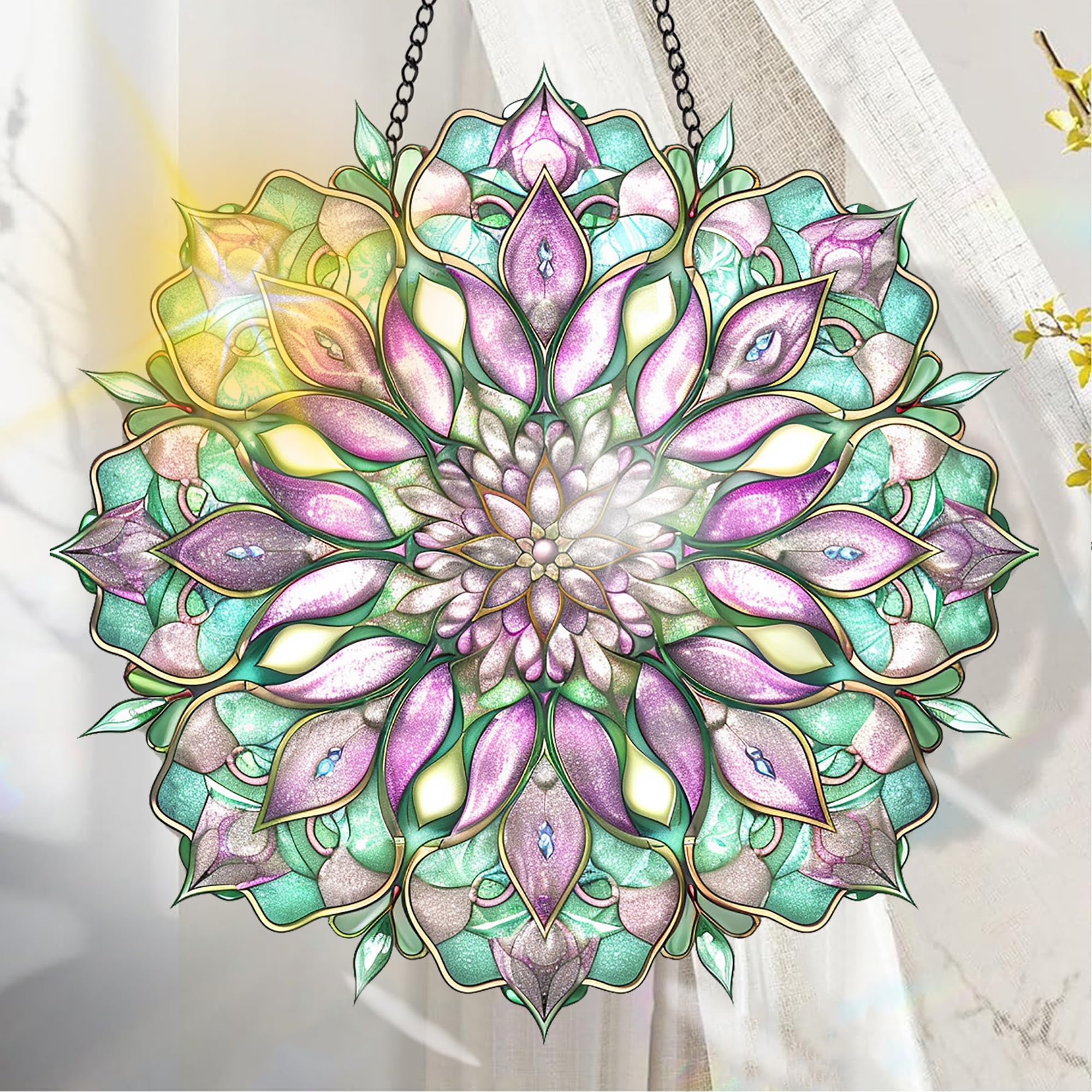 Colorful Acrylic Suncatcher, Flower Hanging Window Decor with Printed Stained Gl