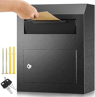 Yaocom Key Lock Mailboxes for Outside Locking Wall Mount Mailbox Security Key Drop Collection Boxes for Home Business Rent Payments, Mail, Keys, Cash, Checks 15 x 12 x 4 Inches(Black)