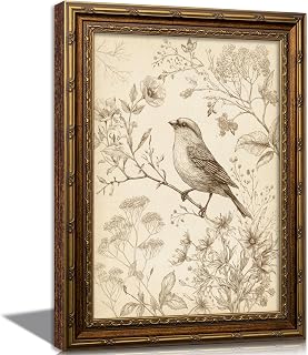 Vintage Gold Framed Bird Canvas Wall Art Retro Farmhouse Sparrow Painting Picture Wall Decor Rustic Floral Botanical Poster Print Artwork for Living Room Bedroom Home Decoration