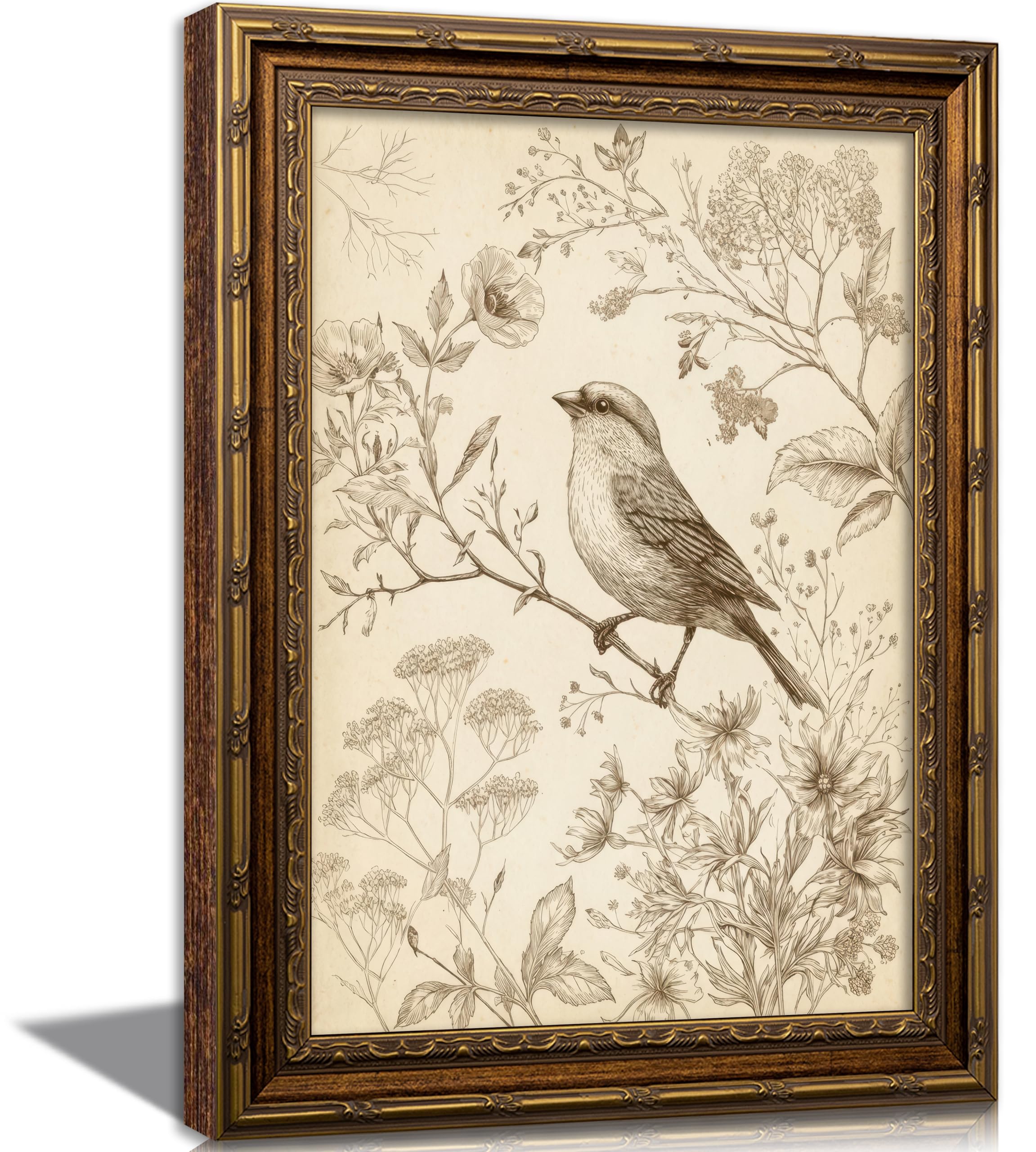 Vintage Gold Framed Bird Canvas Wall Art Retro Farmhouse Sparrow Painting Pictur