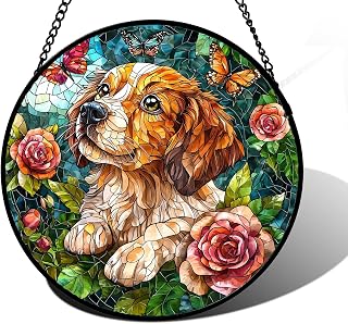 DASTOLL Stained Glass Window Hanging, Dog and Rose Suncatcher for Doors Home Butterfly Sun Catchers Decoration and Christmas, Mother's Day Birthday Gifts for Women, Men, and Mom 9.8 in