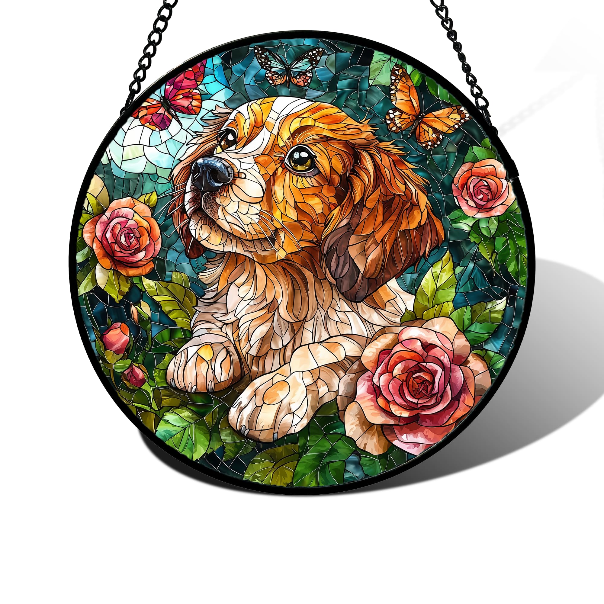DASTOLL Stained Glass Window Hanging, Dog and Rose Suncatcher for Doors Home But