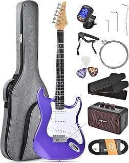 Leo Jaymz Beginner Electric Guitar 39” Kit with Portable Amplifier, Padded Gig Bag, Digital Tuner，Capo，Strap，Picks，Classic SSS Pickups(Purple-SSS)