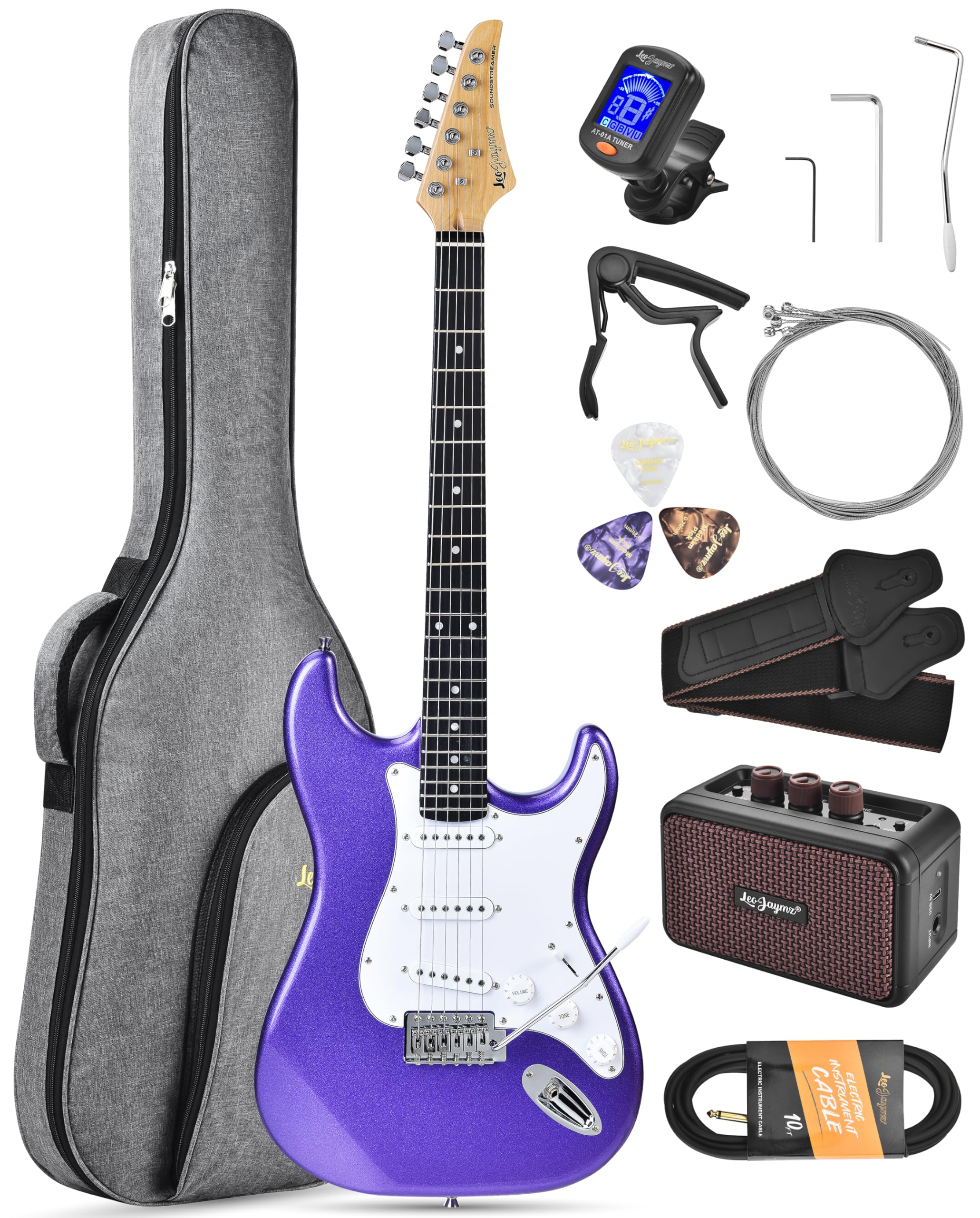 Leo Jaymz Beginner Electric Guitar 39” Kit with Portable Amplifier, Padded Gig B