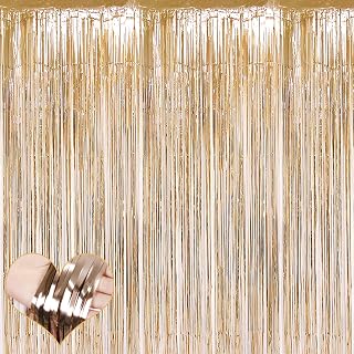 4 Pack Champagne Gold Fringe Curtain Backdrop, 3.2Ft x 8.2Ft Metallic Tinsel Foil Fringe Streamers Background for Photo Booth Birthday Wedding Baby Shower Carnival Easter Mother’s Day Party Decoration
