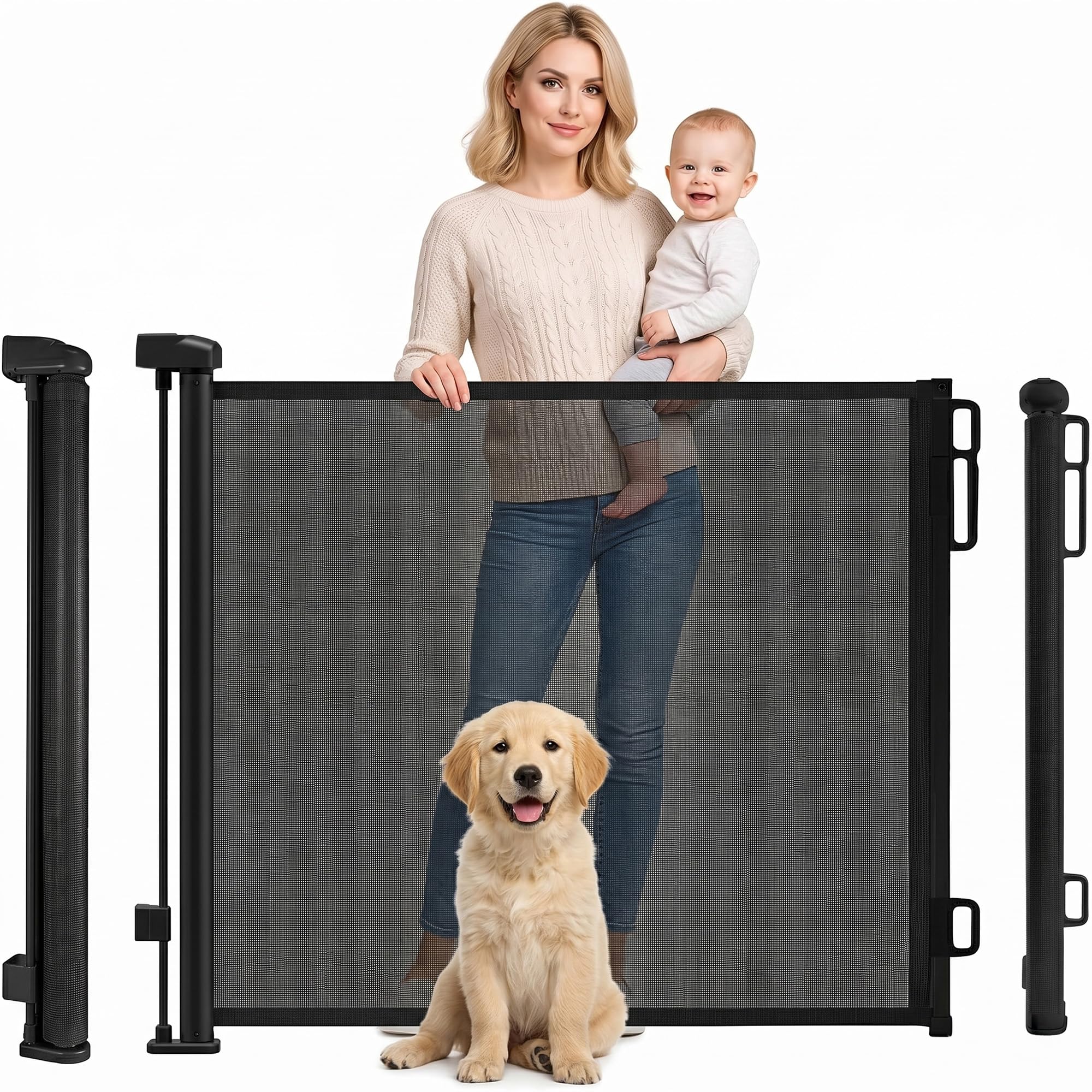 Rainberg Retractable Stair Gate for Baby & Pet with Secure 2-Step Lock 150cm Wid