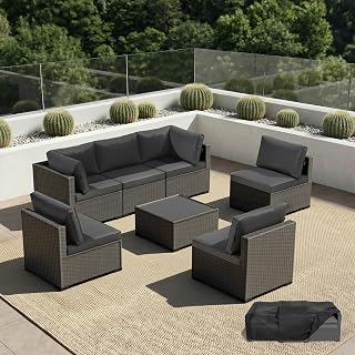 LAWNOOK Patio Furniture Set - All-Weather - 7 Piece Patio Outdoor Conversation Set, Modular Wicker Rattan Sectional Sofa for Backyard, Garden, Poolside, Balcony, Porch, Patio,Black/Dark Gary