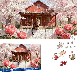 Reofrey Puzzles for Adults 1000 Pieces - Cherry Blossom Cats, Special Shape Jigsaw Puzzles, Challenging Impossible Puzzle, Fun Family Game & Unique Home Decor (16x31Inch / 41x80cm) Idea
