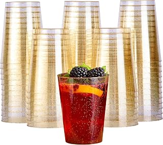 MATANA 50 Clear Hard Plastic Cups 10 oz Tumblers with Gold Glitter, Sturdy & Reusable - Birthdays, Weddings, Anniversary, Christmas, New Year's Eve Celebrations, BBQ, Picnic, Parties