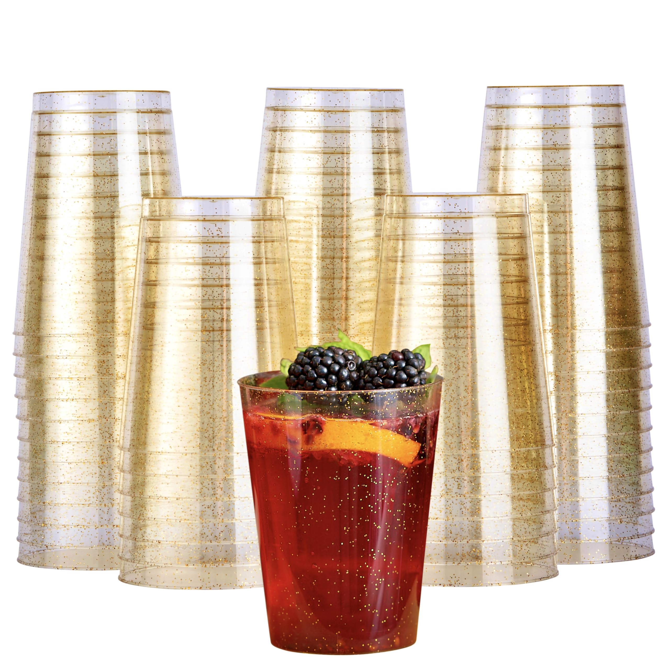 MATANA 50 Clear Hard Plastic Cups 10 oz Tumblers with Gold Glitter, Sturdy & Reu