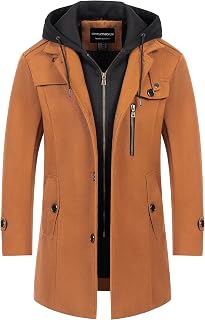 CREATMO US Men's Classic Pea Coat Wool Blend Trench Coat Windproof Business Overcoat With Detachable Hood