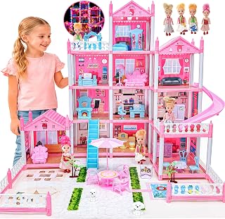 Dream Doll House for Girls Ages 3-16 with Lights, Mat, Dolls & Furniture