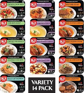 KJ Poultry Kosher Ready Meals - Chicken, Beef and Salmon Fish (14 Pack Variety) Prepared Entree Fully Cooked, Shelf Stable Microwave Dinner Travel, Military, Camping, Emergency Survival